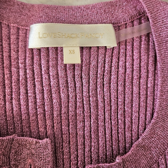Love Shack Fancy Hill Cardigan Ribbed Metallic Orchid Heart Buttons - Picture 8 of 9
